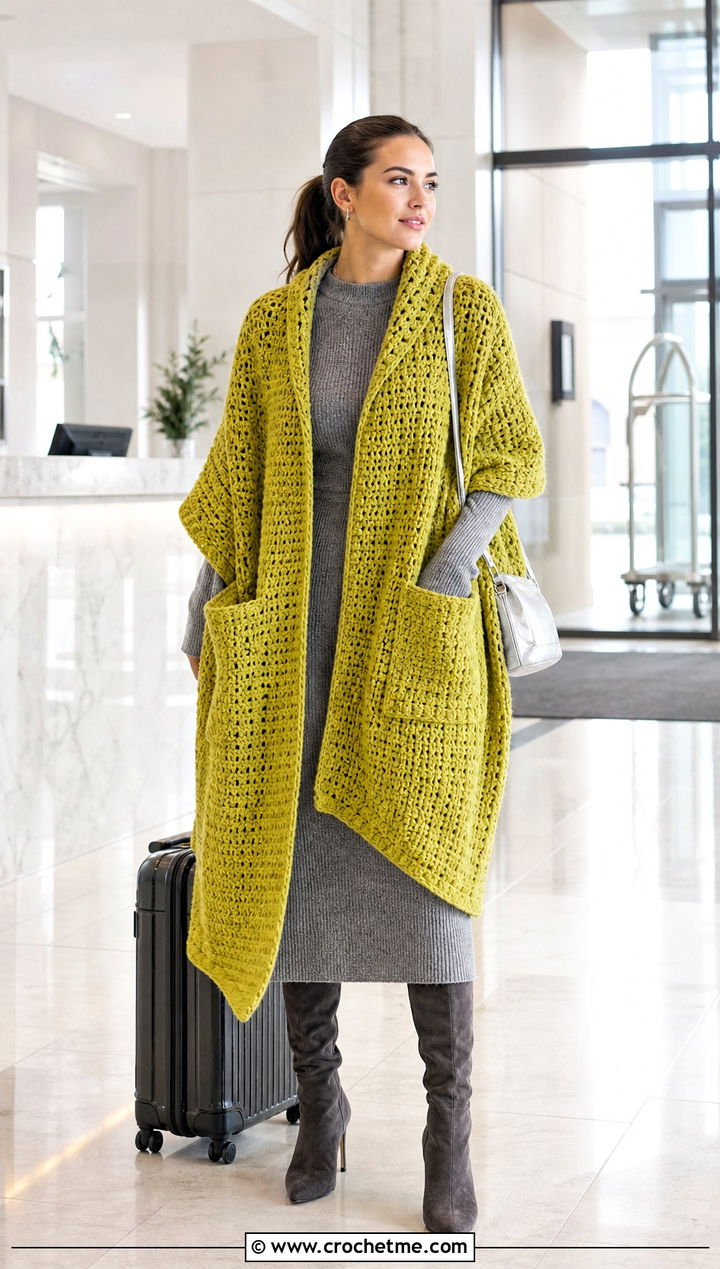 Oversized Blanket Wrap With Knit Dress - 15 Crochet Shawls And Wraps With Pockets outfit ideas