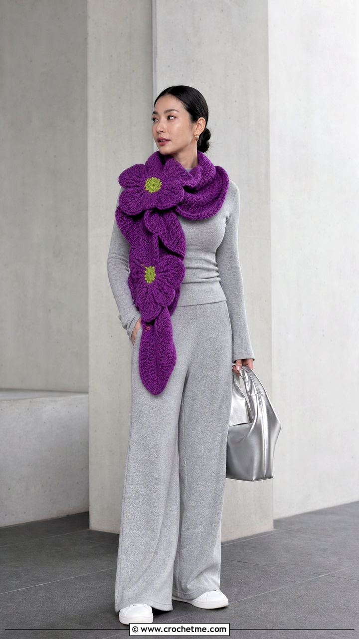 Oversized Bloom Crochet Scarf With Knit Set And Sneakers - 35 crochet flower scarf outfit ideas
