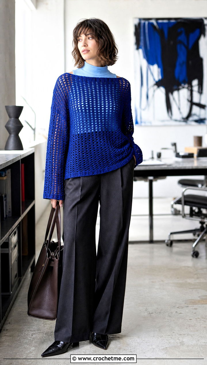 Oversized Boat Neck Crochet Mesh Top With Tailored Trousers - 30 long sleeve crochet mesh top outfit ideas