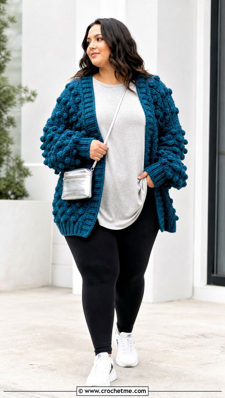 Oversized Bobble Cardigan With Leggings - 25 Crochet Bobble Cardigan outfit ideas