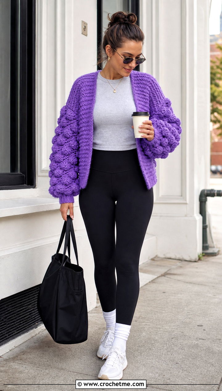 Oversized Bobble Stitch Puff Sleeve Crochet Cardigan With Leggings - 25 Puff Sleeve Crochet Cardigan outfit ideas