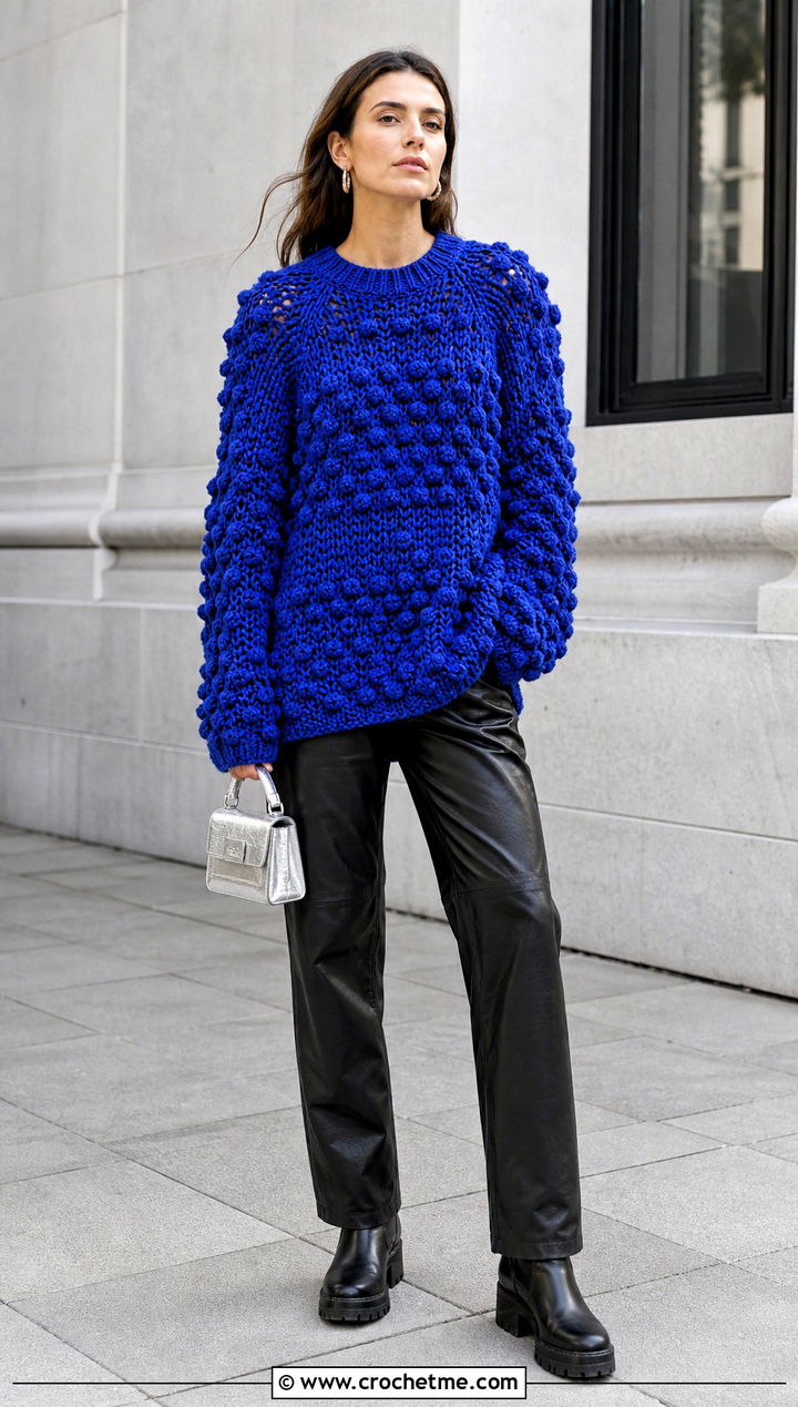 Oversized Bobble Sweater With Leather Pants - 25 crochet bobble sweater outfit ideas