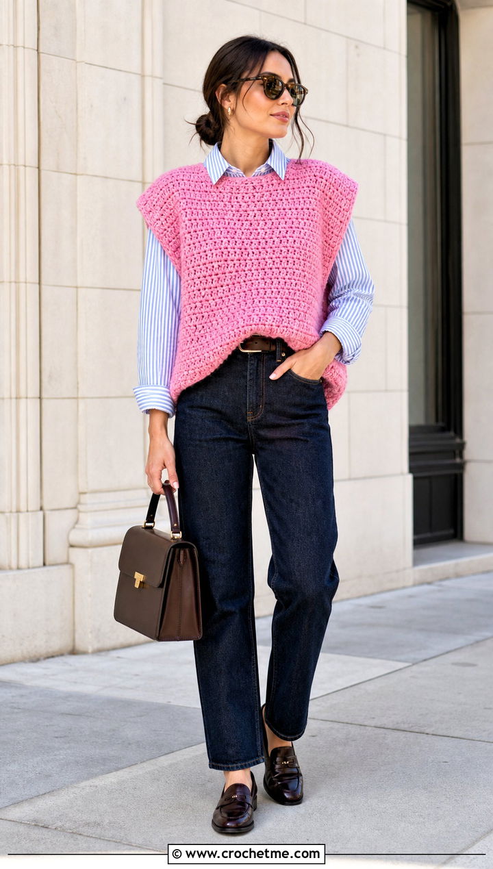 Oversized Boxy Crochet Vest With Striped Shirt - 30 oversize crochet vest outfit ideas