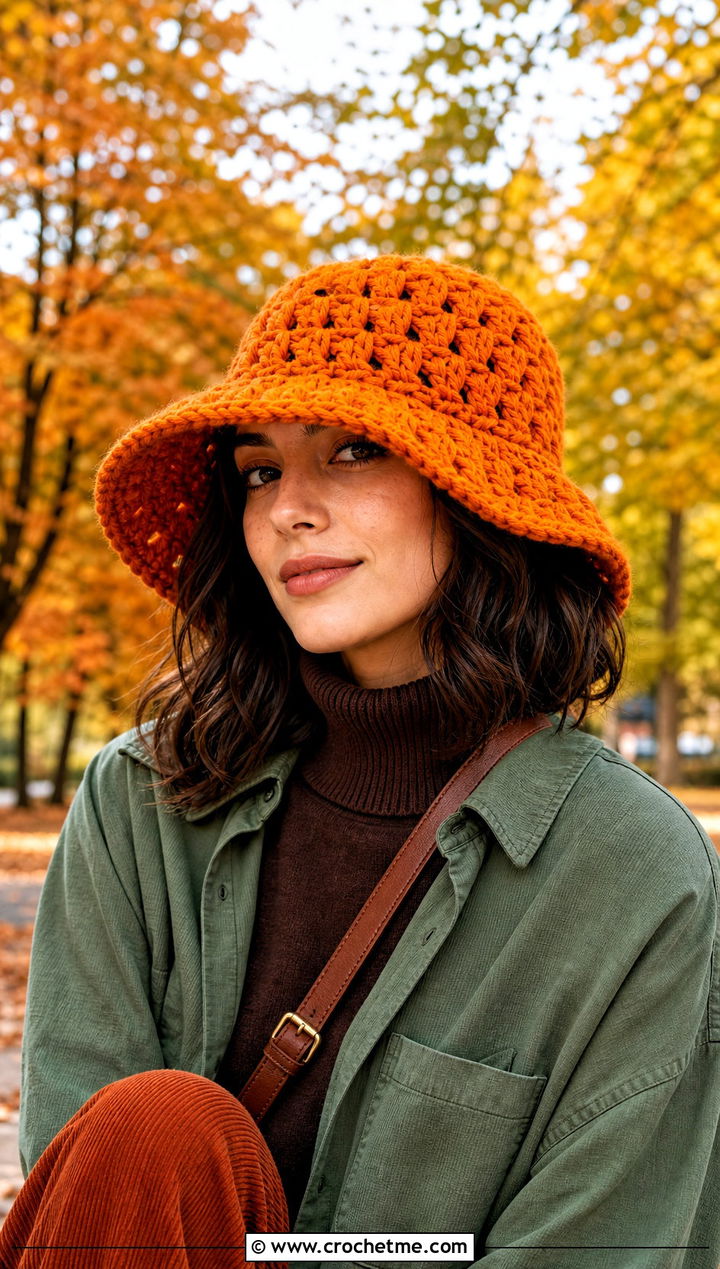 Oversized Brim Granny Bucket Hat With Fall Layers - 25 granny crochet bucket hat outfit ideas