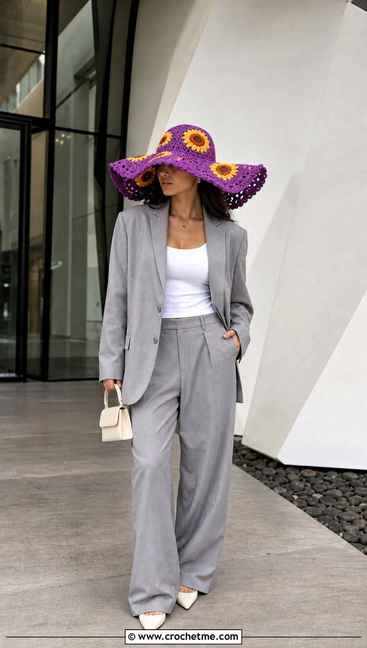 Oversized Brim Sunflower Bucket Hat With Wide Leg Suit - 35 crochet sunflower bucket hat outfit ideas