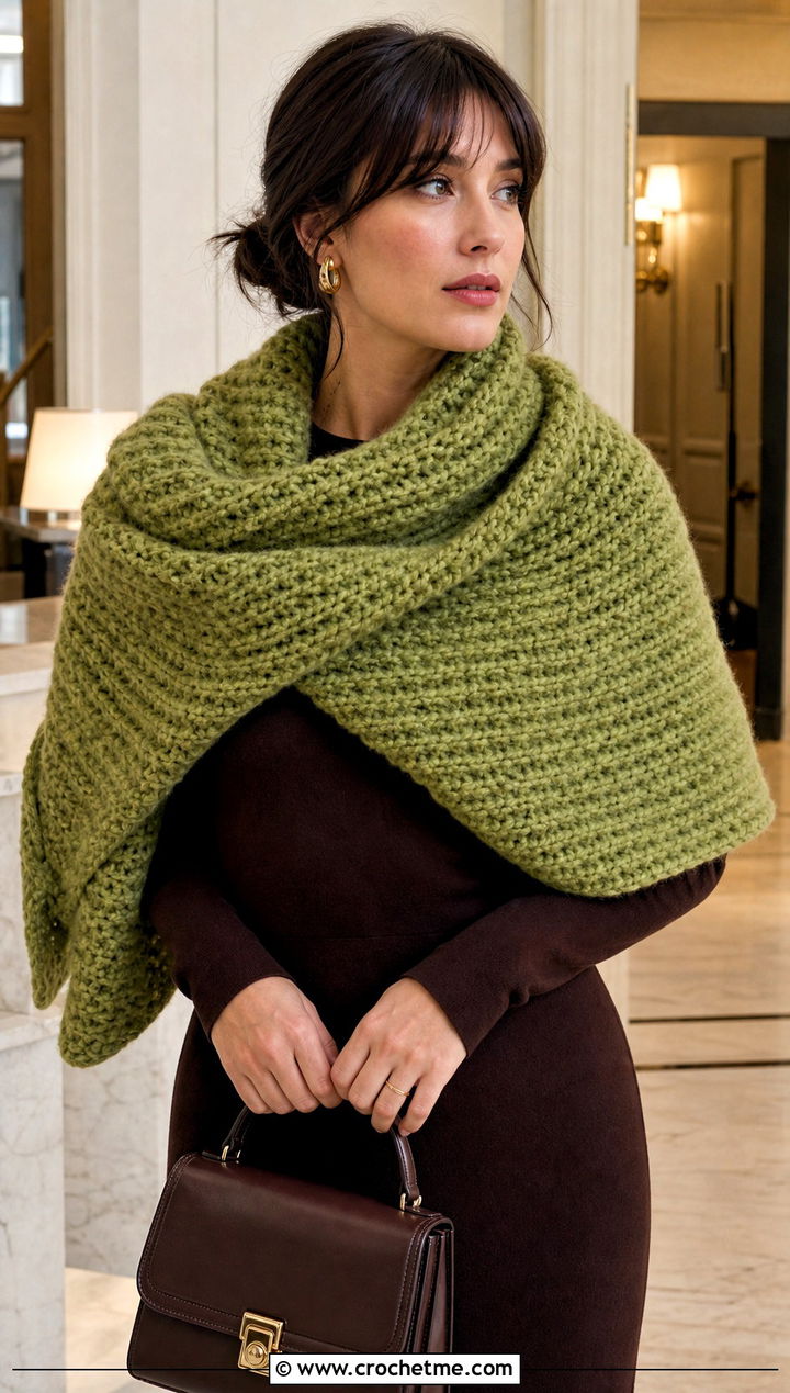 Oversized Brioche Crochet Wrap Scarf With Sweater Dress - 25 Brioche Crochet Scarf outfit ideas