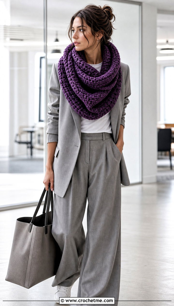 Oversized Bulky Crochet Cowl With Relaxed Suit - 20 Bulky Crochet Cowl outfit ideas