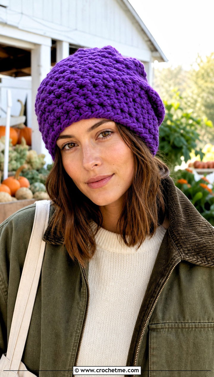 Oversized Bulky Yarn Crochet Beanie With Barn Jacket - 30 bulky yarn crochet beanie outfit ideas