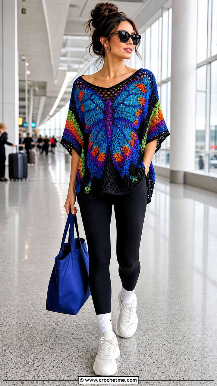 Oversized Butterfly Motif Crochet Top With Leggings - 35 butterfly crochet top outfit ideas