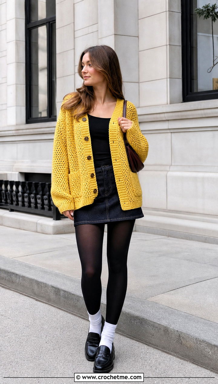 Oversized Button Front Crochet Grandpa Sweater With Mini Skirt - 25 Crochet Grandpa Sweater outfit ideas