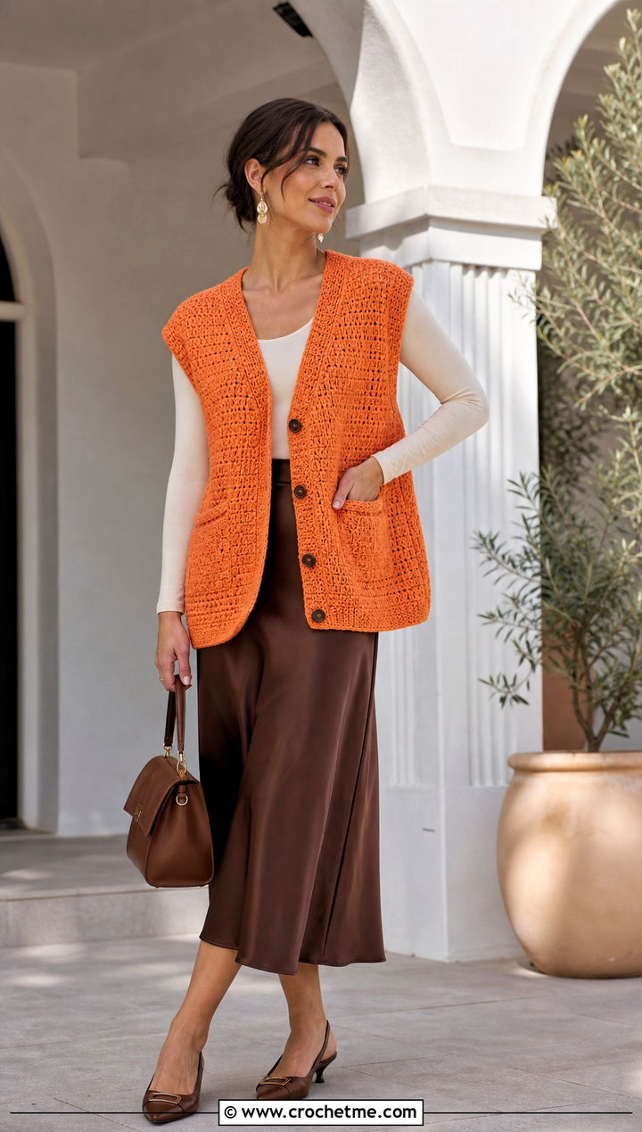 Oversized Button Front Crochet Vest With Midi Skirt - 30 oversize crochet vest outfit ideas