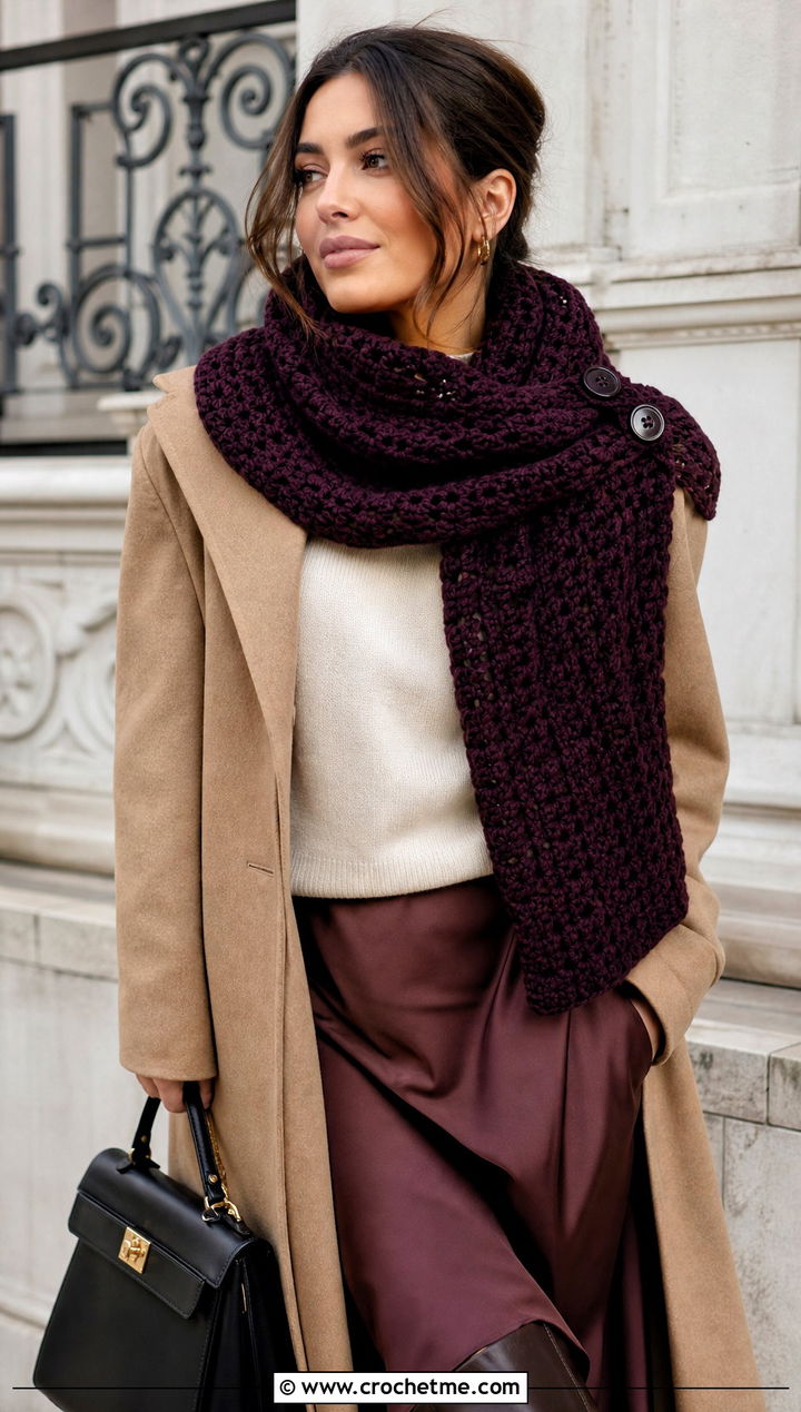 Oversized Button Scarf With Camel Coat - 15 Button Crochet Scarf outfit ideas