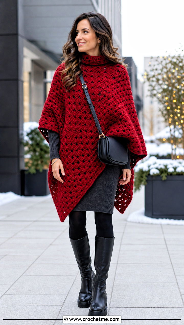 Oversized C C Poncho With Sweater Dress - 15 Crochet C2C Poncho outfit ideas