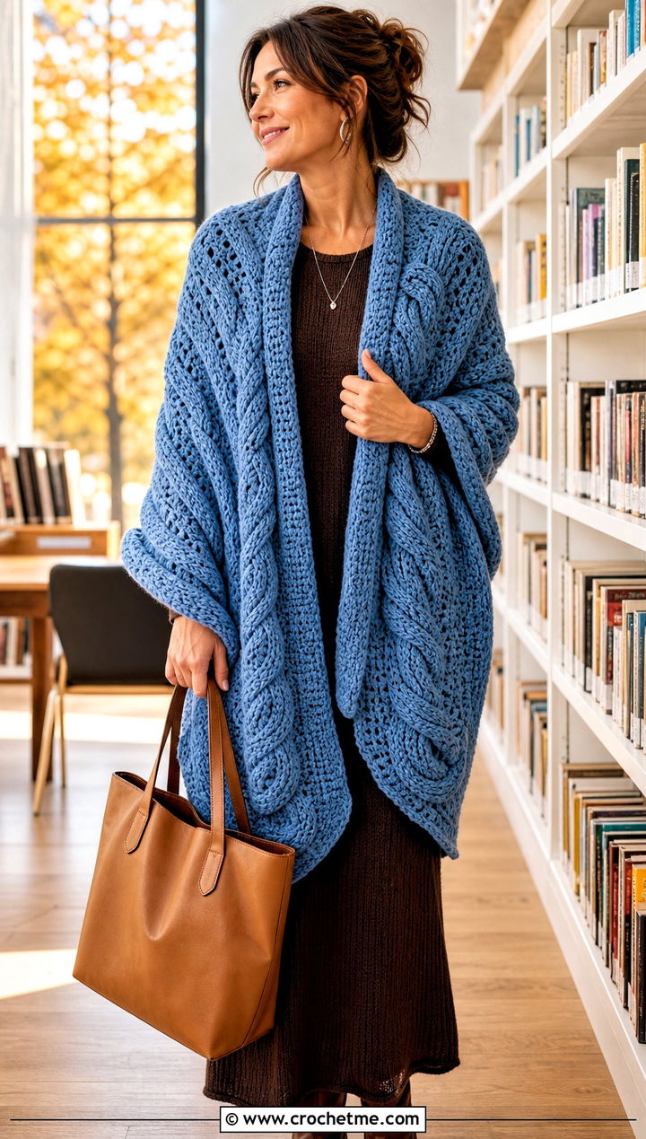 Oversized Cable Comfort Shawl With Maxi Dress - 15 Crochet Cable Shawl outfit ideas