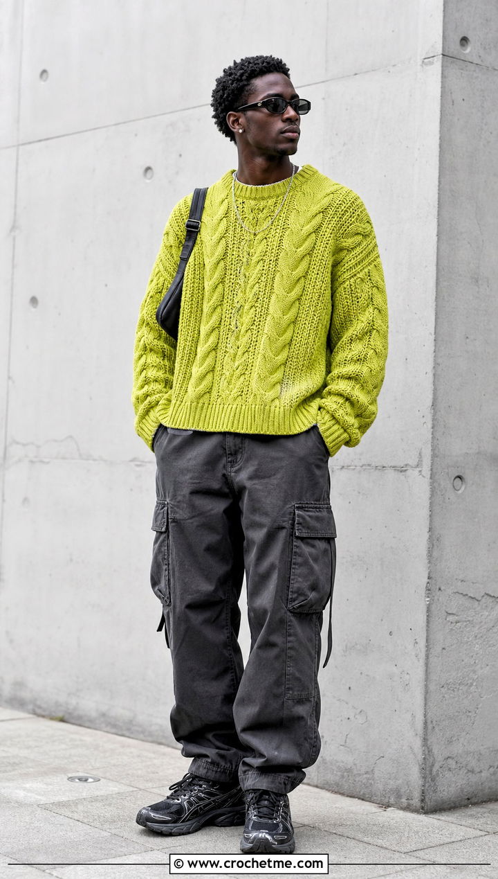 Oversized Cable Crochet Sweater With Cargo Pants - 15 Mens Cable Crochet Sweater outfit ideas
