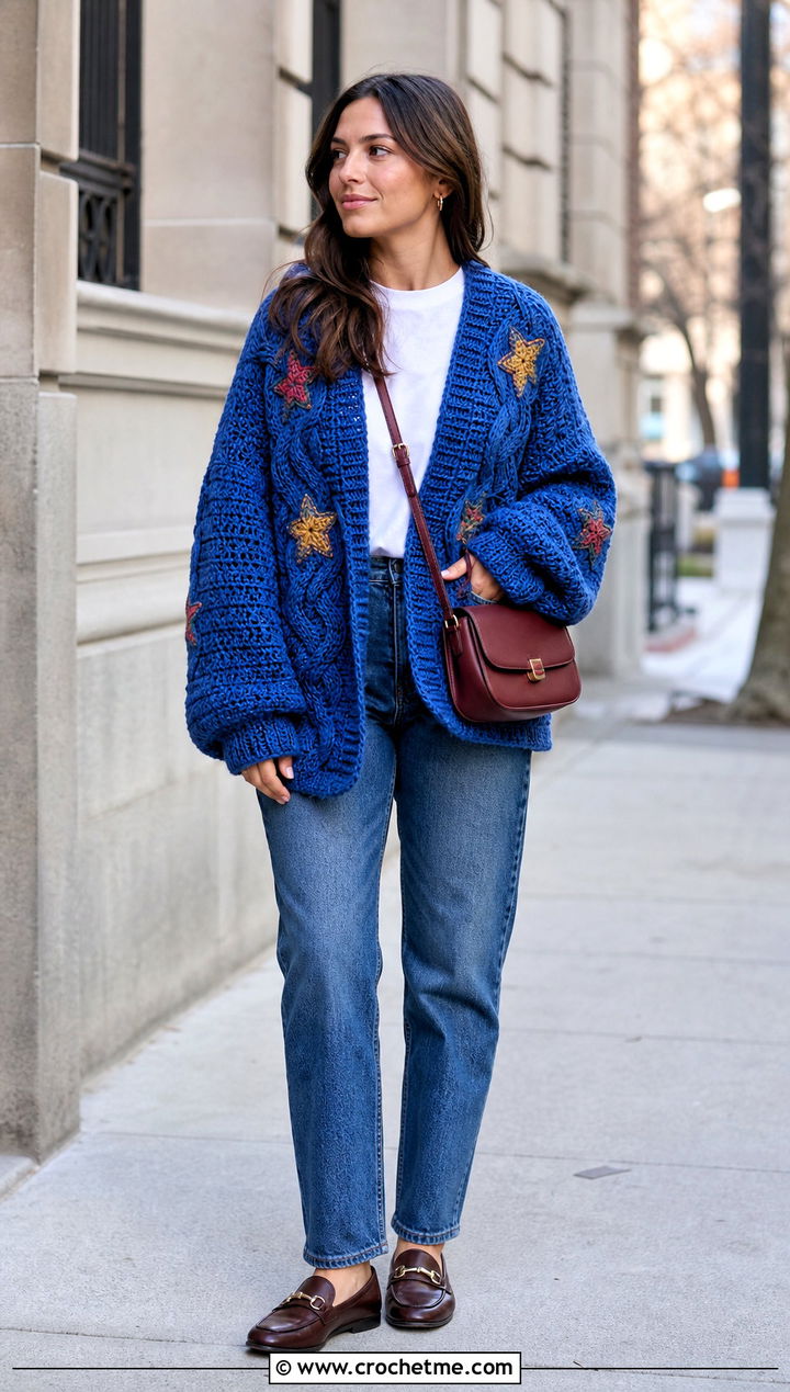 Oversized Cable Folklore Crochet Cardigan With Straight Leg Jeans - 25 Taylor Swift Folklore Crochet Cardigan outfit ideas