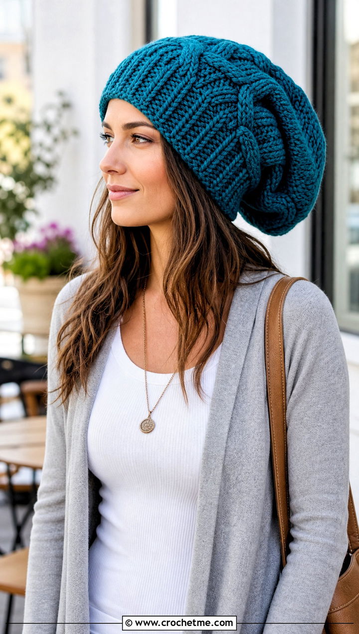 Oversized Cable Slouch Hat With Long Cardigan - 25 Cable Knit Crochet Hat outfit ideas