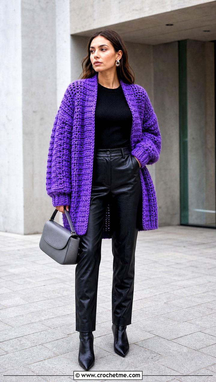 Oversized Campfire Cardigan With Leather Pants - 30 crochet campfire cardigan outfit ideas