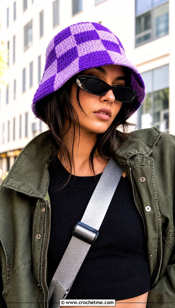 Oversized Check Crochet Bucket Hat With Cargo Pants - 20 checkerboard crochet bucket hat outfit ideas