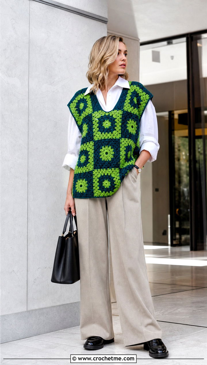 Oversized Checkerboard Granny Square Crochet Vest With Tailored Trousers - 25 Granny Square Crochet Vest outfit ideas