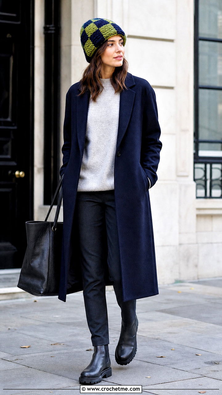Oversized Checkered Beanie With Long Coat - 35 crochet checkered beanie outfit ideas