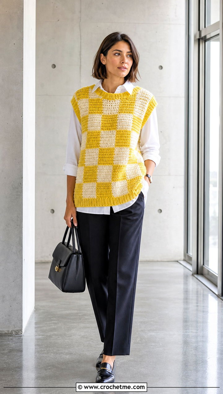 Oversized Checkered Crochet Sweater Vest With Poplin Shirt - 15 Crochet Checkered Vest outfit ideas