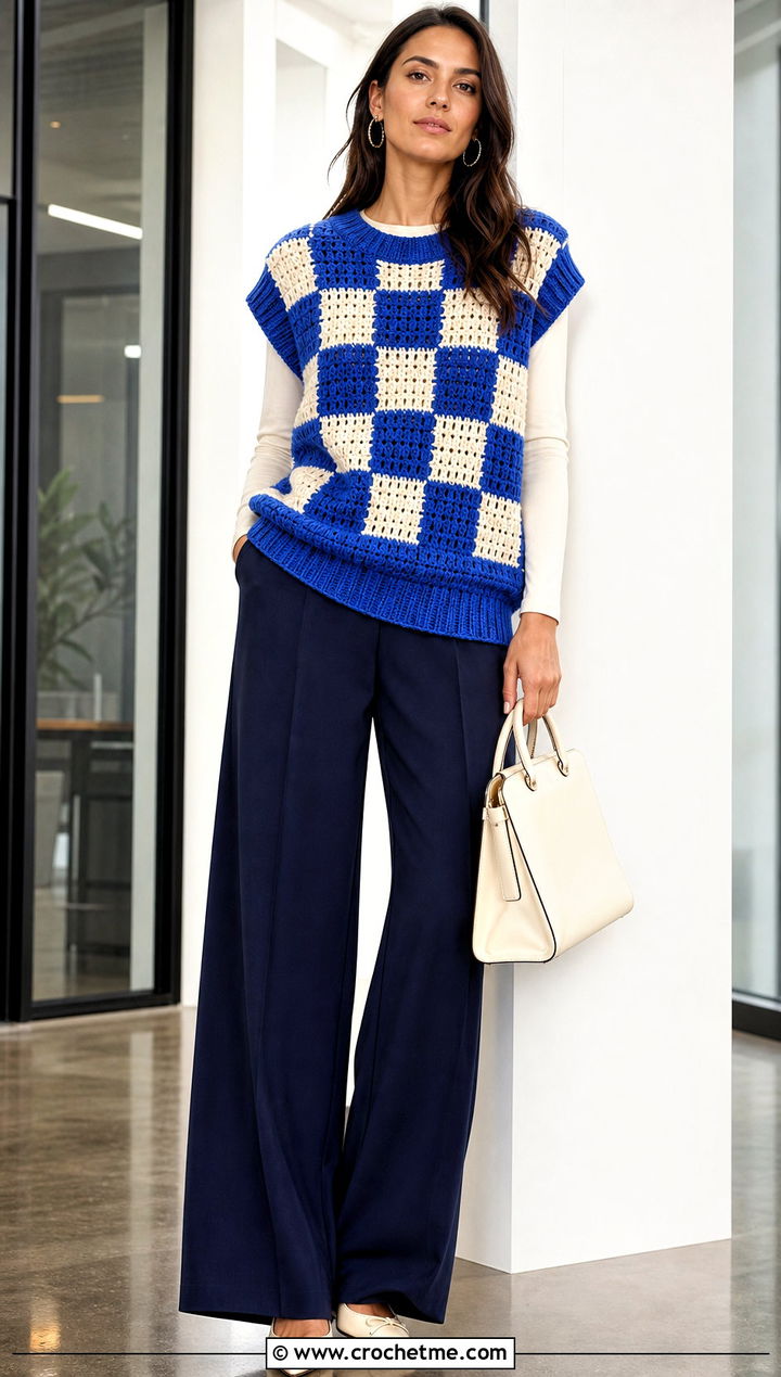 Oversized Checkered Crochet Sweater Vest With Wide Leg Pants - 15 Checkered Crochet Sweater Vest outfit ideas