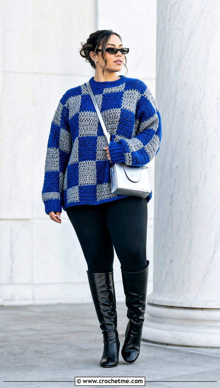 Oversized Checkered Crochet Sweater With Black Leggings - 30 checkered crochet sweater outfit ideas