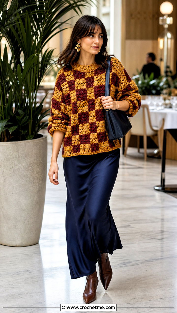 Oversized Checkered Crochet Sweater With Slip Skirt - 30 checkered crochet sweater outfit ideas