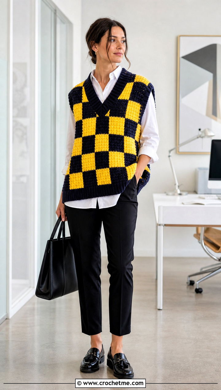 Oversized Checkered Crochet Vest With White Button Down Shirt - 30 checkered crochet vest outfit ideas