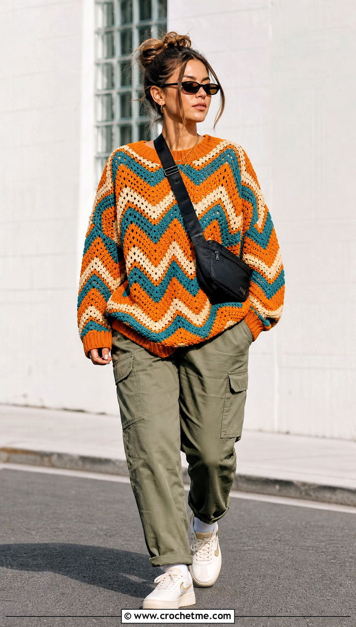 Oversized Chevron Tom Daley Crochet Sweater With Cargo Pants - 25 tom daley crochet sweater outfit ideas