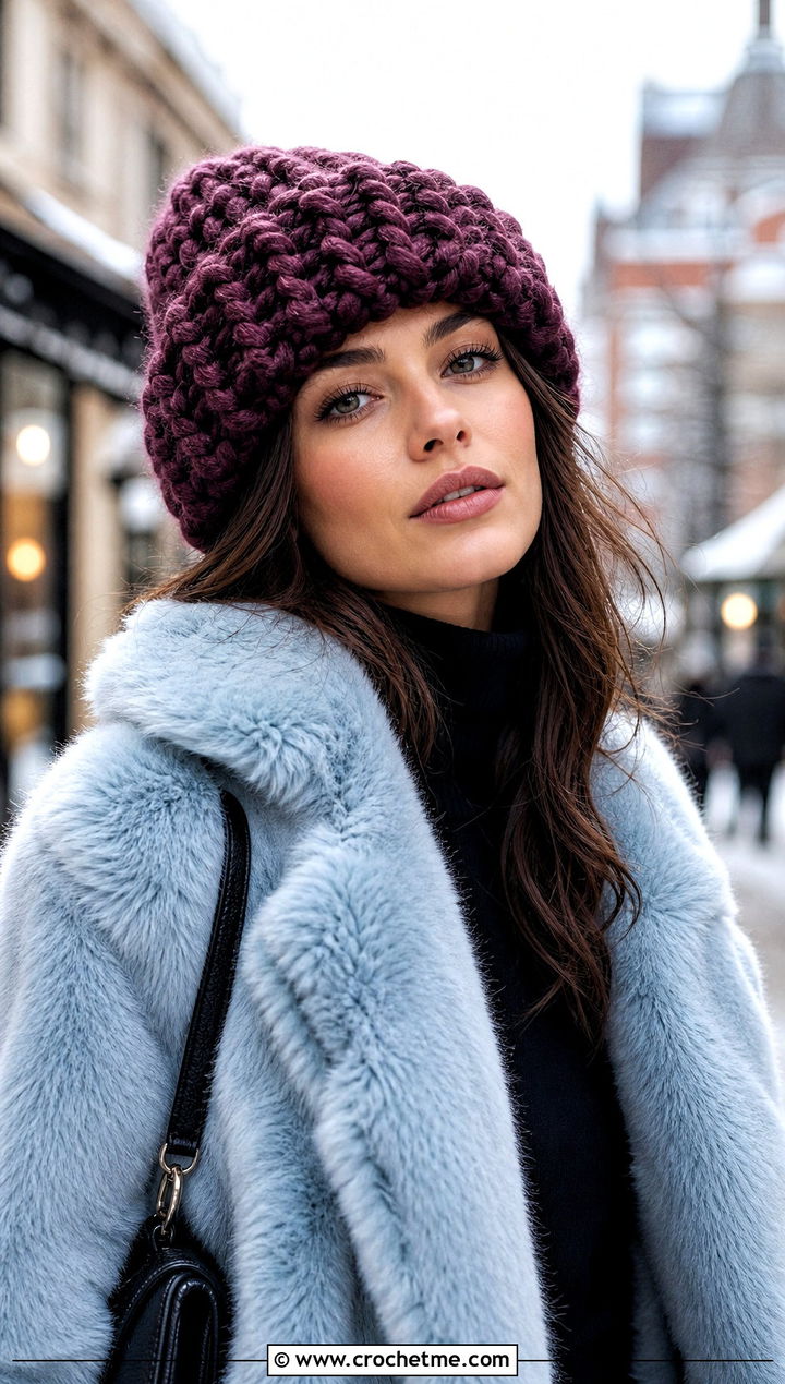 Oversized Chunky Beanie With Faux Fur Coat - 35 crochet chunky beanie outfit ideas