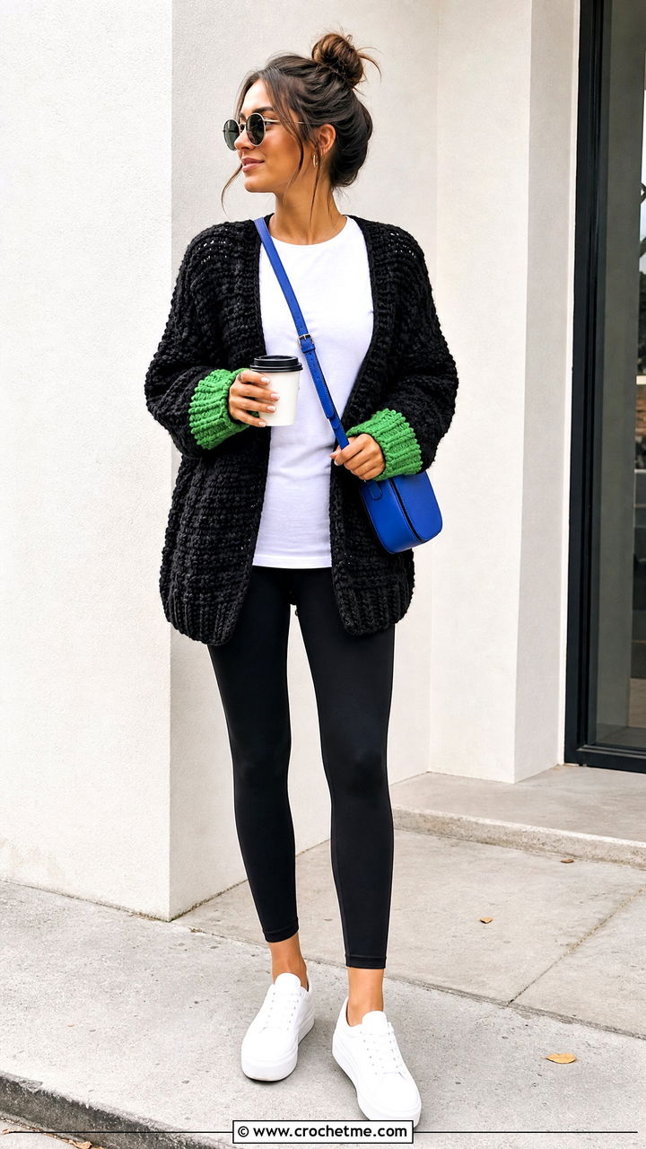 Oversized Chunky Black Crochet Cardigan With Leggings - 35 black crochet cardigan outfit ideas
