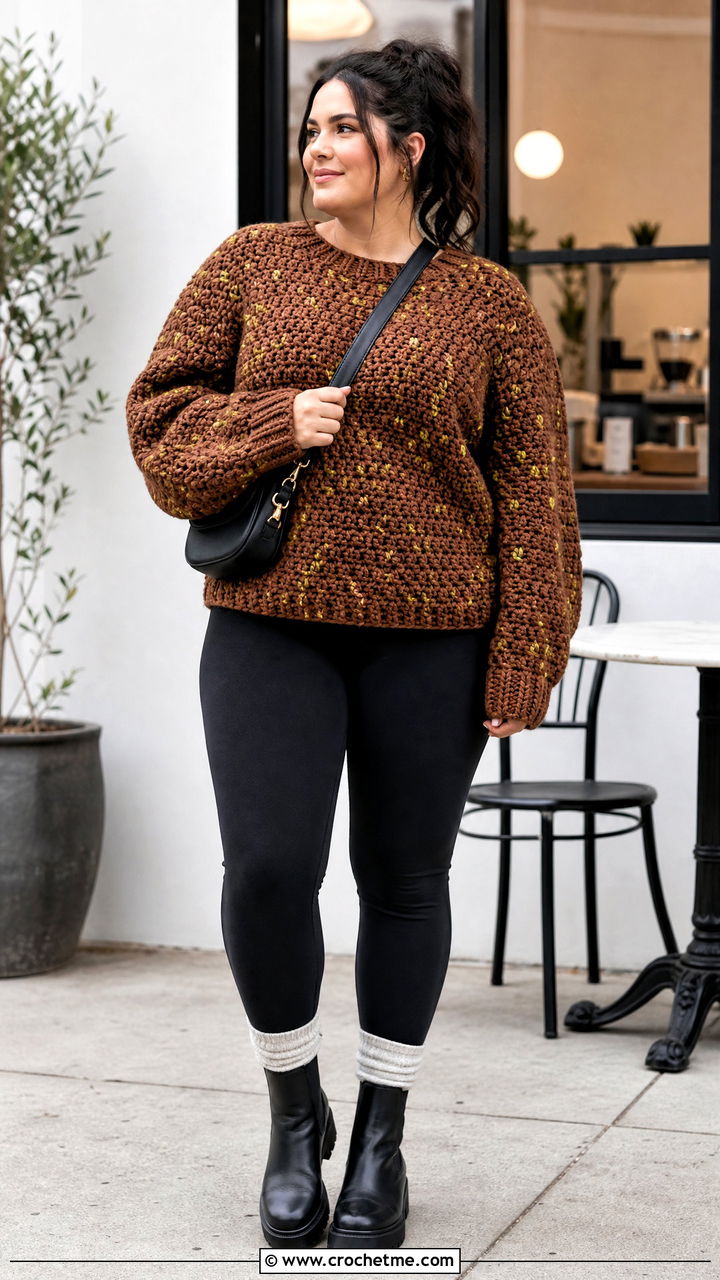 Oversized Chunky Brown Crochet Sweater With Leggings - 35 crochet brown sweater outfit ideas