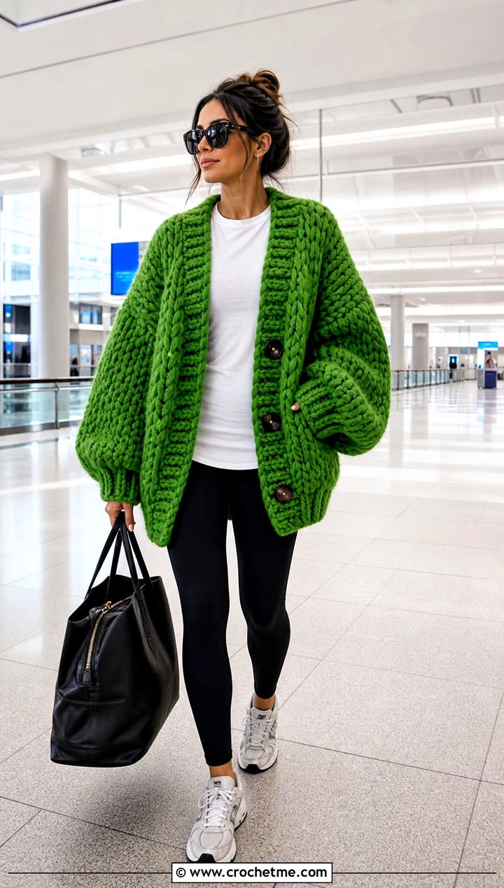 Oversized Chunky Button Cardigan With Leggings - 25 Crochet Button Cardigan outfit ideas