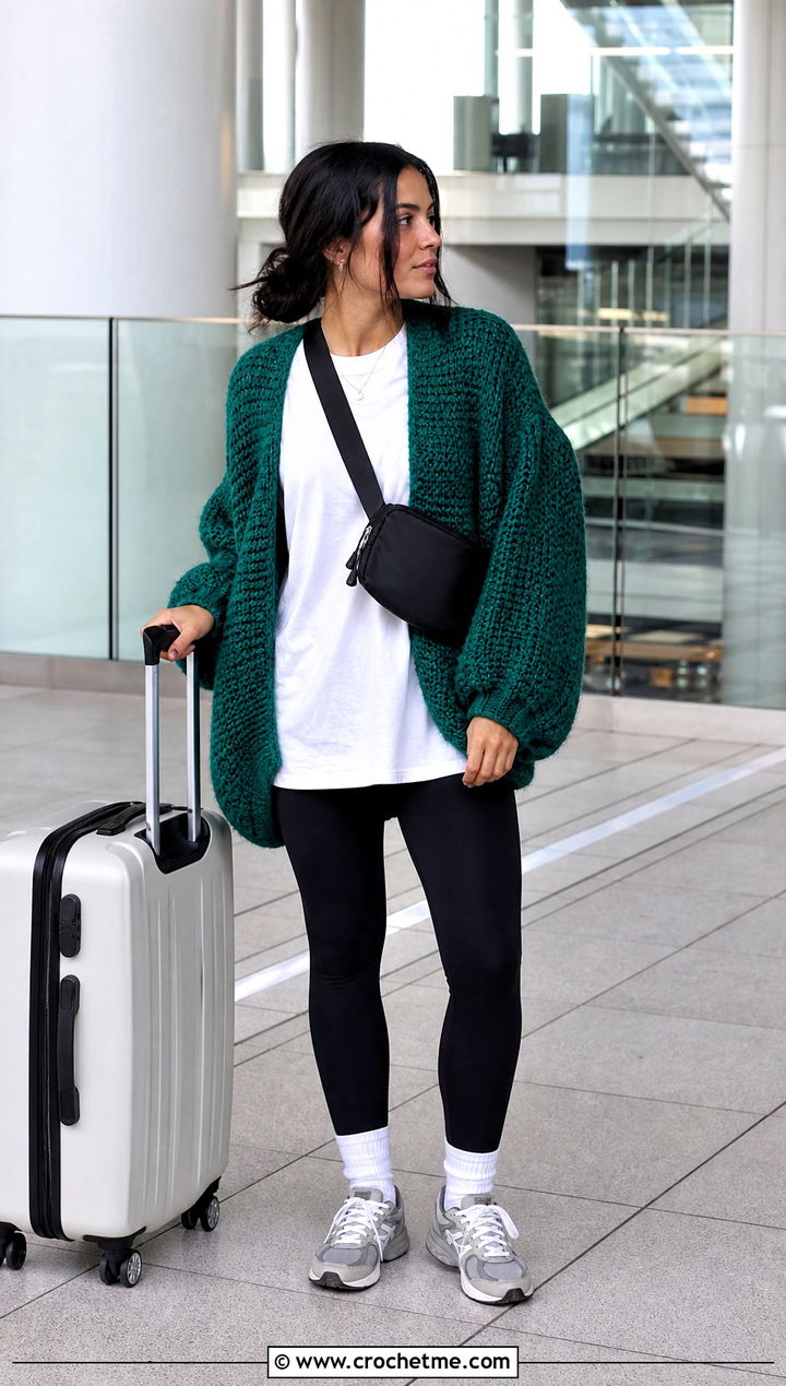 Oversized Chunky Crochet Balloon Sleeve Cardigan With Leggings - 30 crochet balloon sleeve cardigan outfit ideas