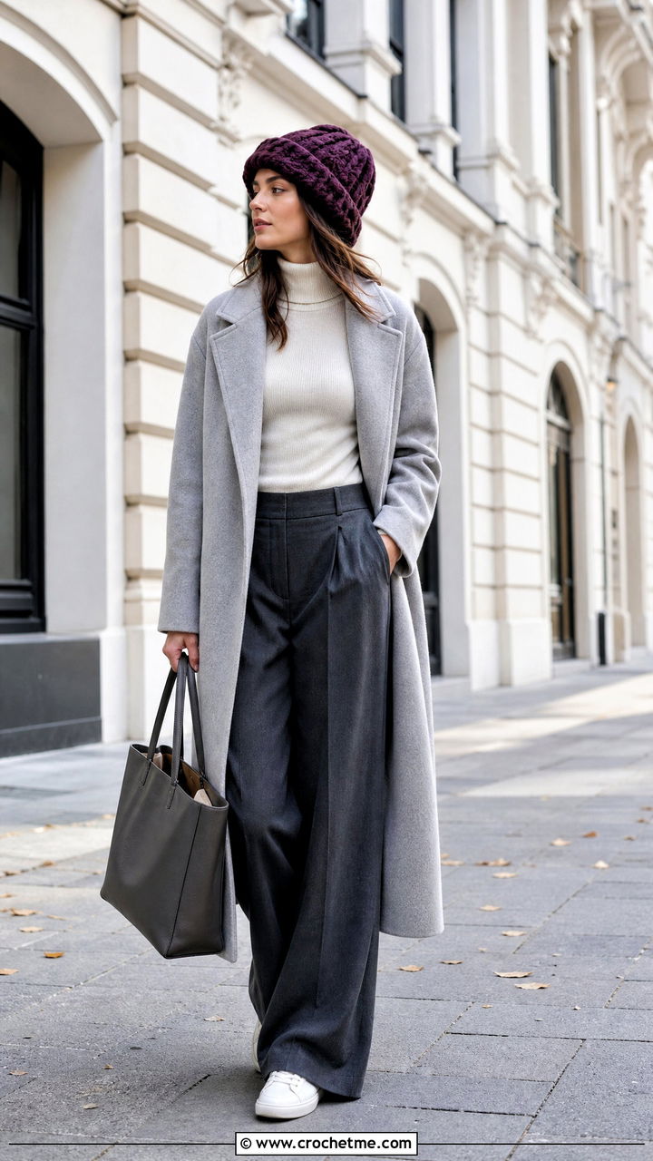 Oversized Chunky Crochet Beanie With Long Coat And Wide Leg Trousers - 35 chunky crochet beanie outfit ideas