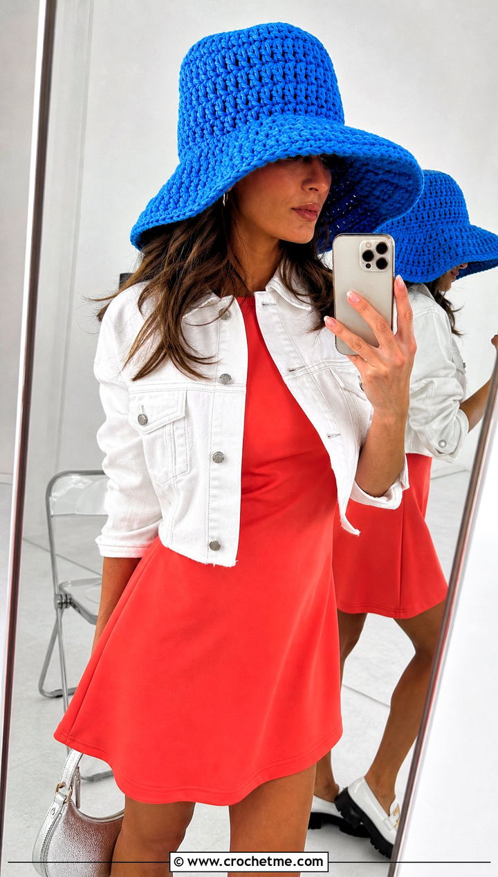 Oversized Chunky Crochet Bucket Hat With Mini Dress - 25 Chunky Crochet Bucket Hat outfit ideas