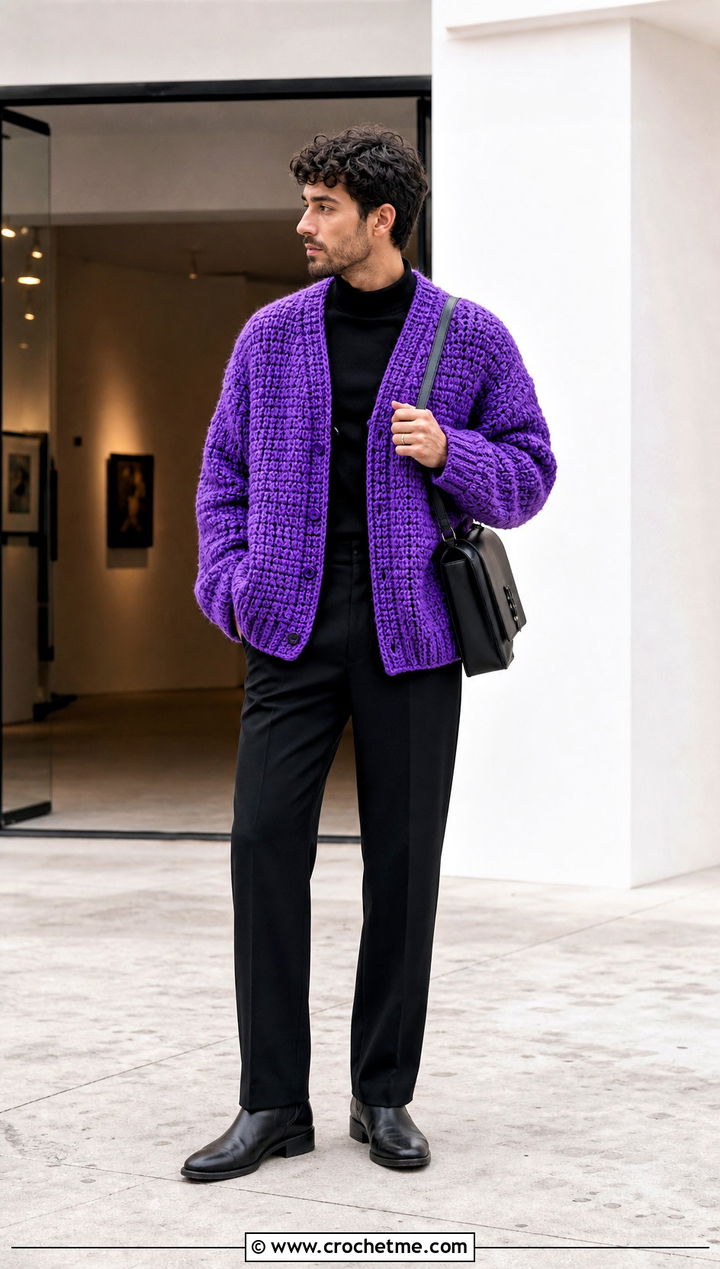 Oversized Chunky Crochet Cardigan With Black Trousers - 30 mens crochet cardigan sweater outfit ideas