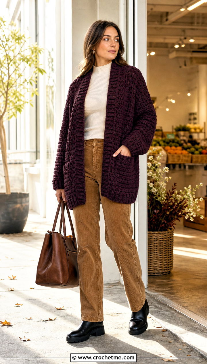 Oversized Chunky Crochet Cardigan With Corduroy Pants - 15 Easy Crocheted Cardigan outfit ideas