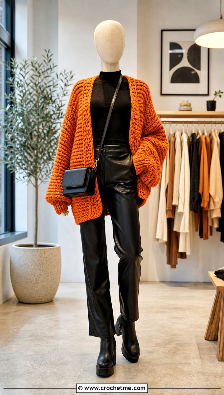 Oversized Chunky Crochet Cardigan With Leather Pants - 15 Crochet Cardigan On Mannequin outfit ideas