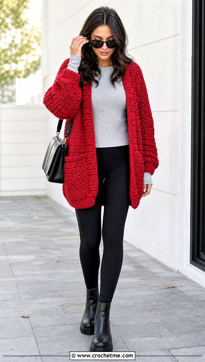 Oversized Chunky Crochet Cardigan With Leggings - 15 easiest crochet cardigan outfit ideas