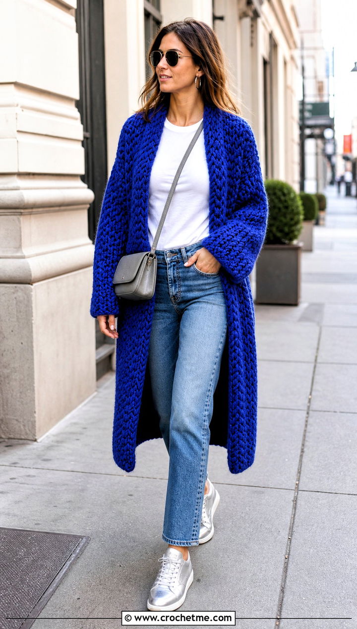 Oversized Chunky Crochet Coat With Straight Leg Jeans - 25 Chunky Crochet Coat outfit ideas