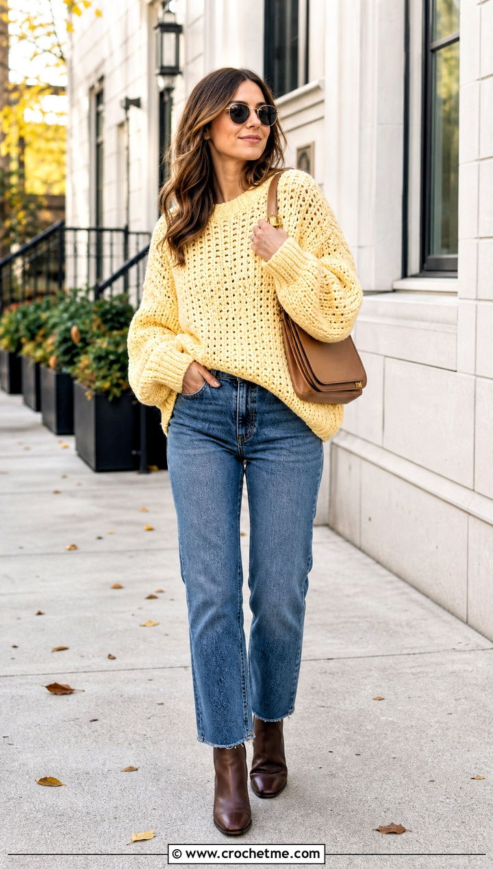 Oversized Chunky Crochet Drop Shoulder Sweater With Straight Leg Jeans - 30 crochet drop shoulder sweater outfit ideas