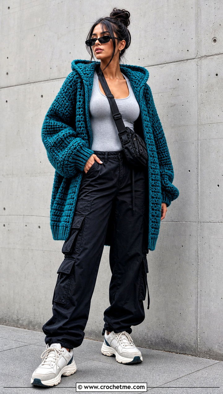 Oversized Chunky Crochet Hoodie Cardigan With Cargo Pants - 30 crochet hoodie cardigan outfit ideas