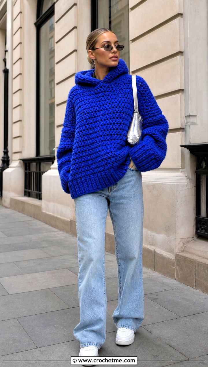 Oversized Chunky Crochet Hoodie With Straight Leg Jeans - 25 crochet chunky hoodie outfit ideas