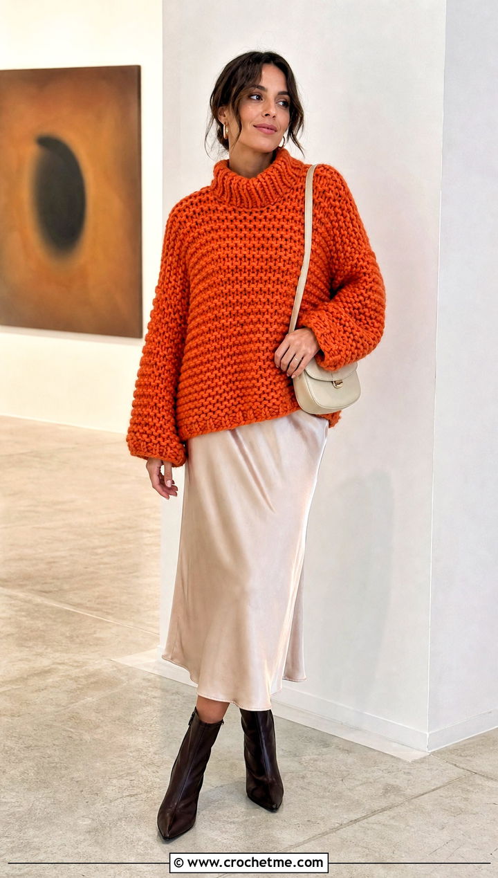 Oversized Chunky Crochet Jumper With Satin Midi Skirt - 15 Ladies Crochet Jumper outfit ideas