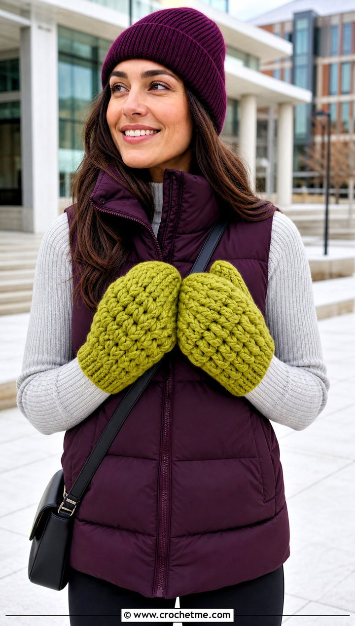 Oversized Chunky Crochet Mittens With Puffer Vest - 20 Chunky Yarn Crochet Mittens outfit ideas