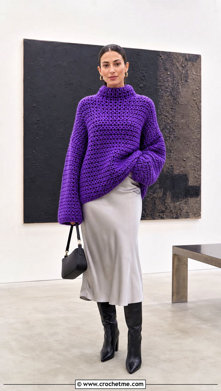 Oversized Chunky Crochet Mock Neck Sweater With Satin Skirt - 25 Crochet Mock Neck Sweater outfit ideas