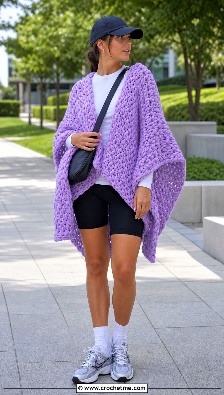Oversized Chunky Crochet Poncho With Bike Shorts - 25 Chunky Yarn Crochet Poncho outfit ideas